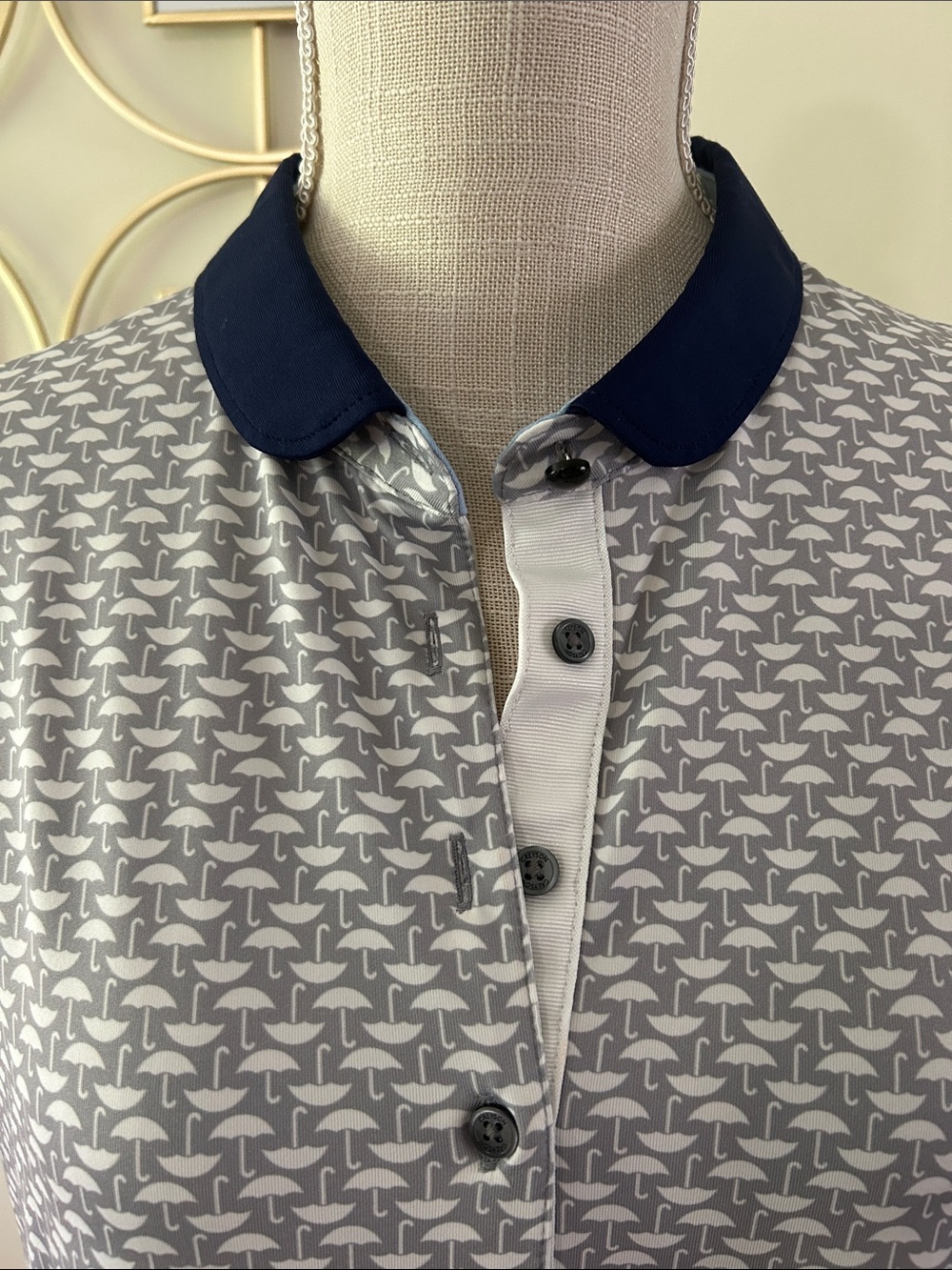 Greyson Grey Patterned Umbrella Polo shirt with Navy Contrast Collar, Golf, XL - Picture 3 of 13